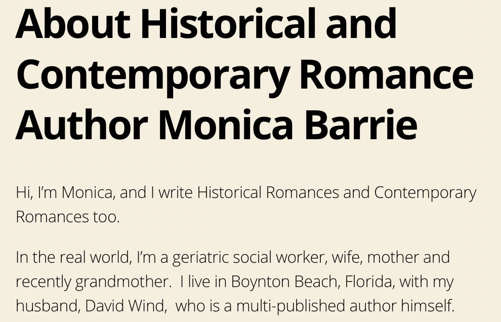 Screenshot with headline "About Historical and Contemporary Romance Author Monica Barrie"